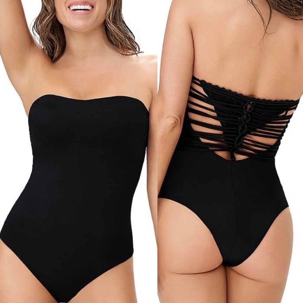 Leonisa Sculpting Macramé Back One-Piece Swimsuit strapless black size XS